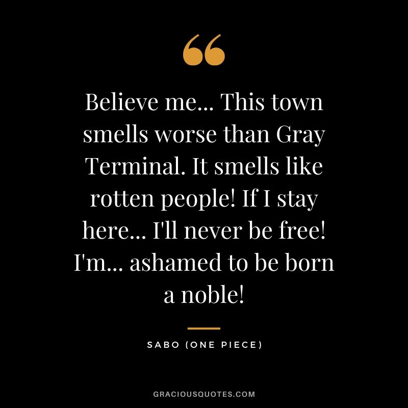 Believe me... This town smells worse than Gray Terminal. It smells like rotten people! If I stay here... I'll never be free! I'm... ashamed to be born a noble! - Sabo