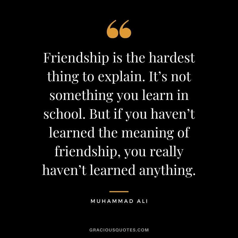 Friendship is the hardest thing to explain. It’s not something you learn in school. But if you haven’t learned the meaning of friendship, you really haven’t learned anything. - Muhammad Ali