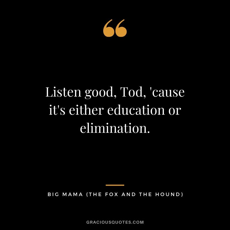 Listen good, Tod, 'cause it's either education or elimination. - Big Mama (The Fox and the Hound)