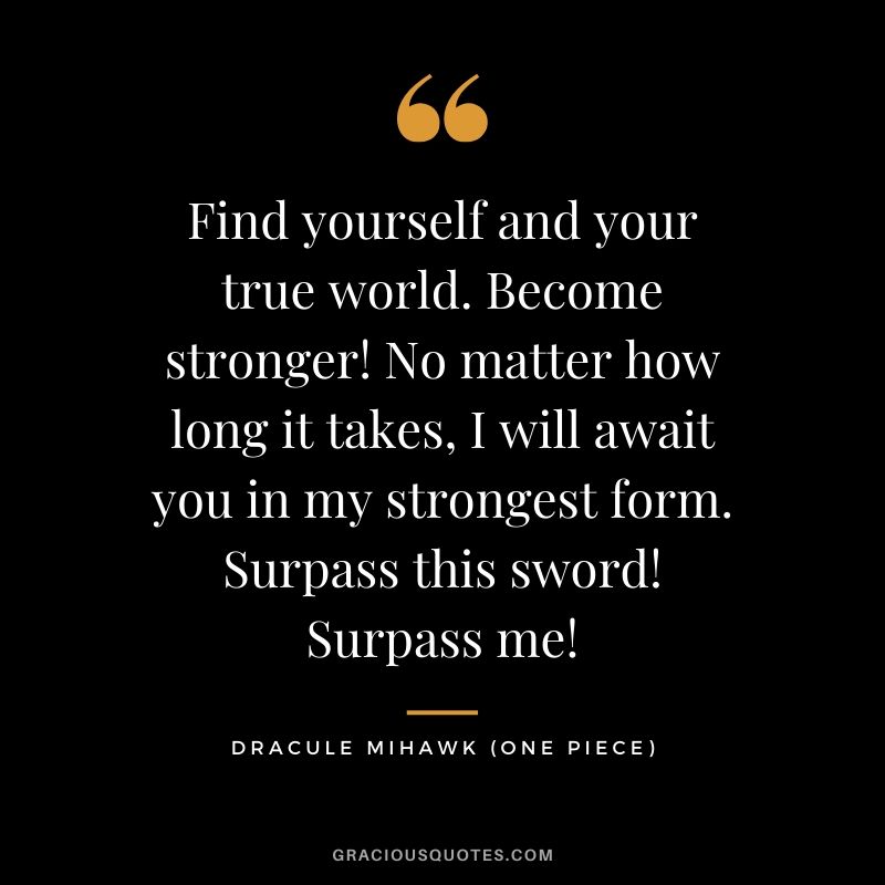 Find yourself and your true world. Become stronger! No matter how long it takes, I will await you in my strongest form. Surpass this sword! Surpass me! - Dracule Mihawk to Roronoa Zoro