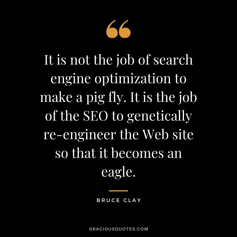 It is not the job of search engine optimization to make a pig fly. It is the job of the SEO to genetically re-engineer the Web site so that it becomes an eagle. - Bruce Clay