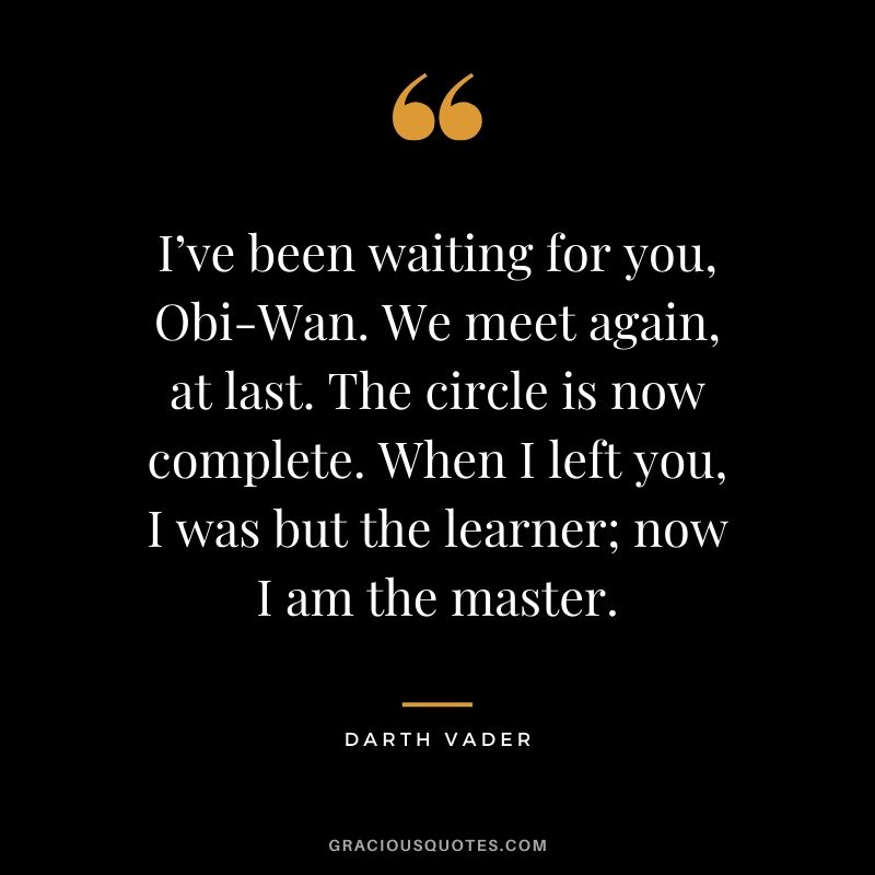 I’ve been waiting for you, Obi-Wan. We meet again, at last. The circle is now complete. When I left you, I was but the learner; now I am the master. - Darth Vader