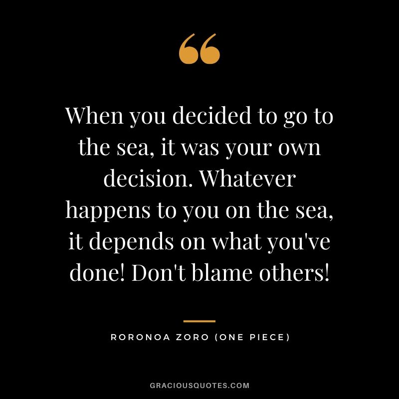 When you decided to go to the sea, it was your own decision. Whatever happens to you on the sea, it depends on what you've done! Don't blame others! - Roronoa Zoro