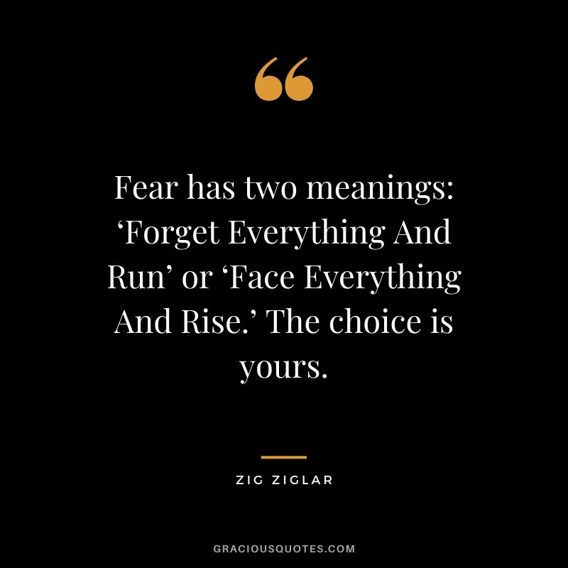 Fear has two meanings: ‘Forget Everything And Run’ or ‘Face Everything And Rise.’ The choice is yours. - Zig Ziglar