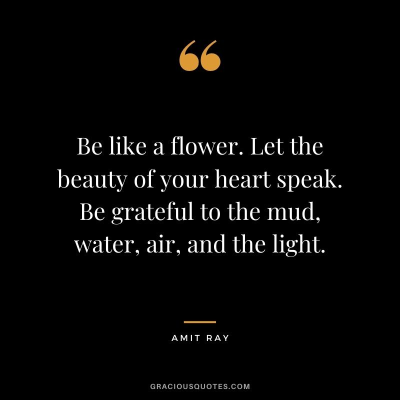 Be like a flower. Let the beauty of your heart speak. Be grateful to the mud, water, air, and the light.