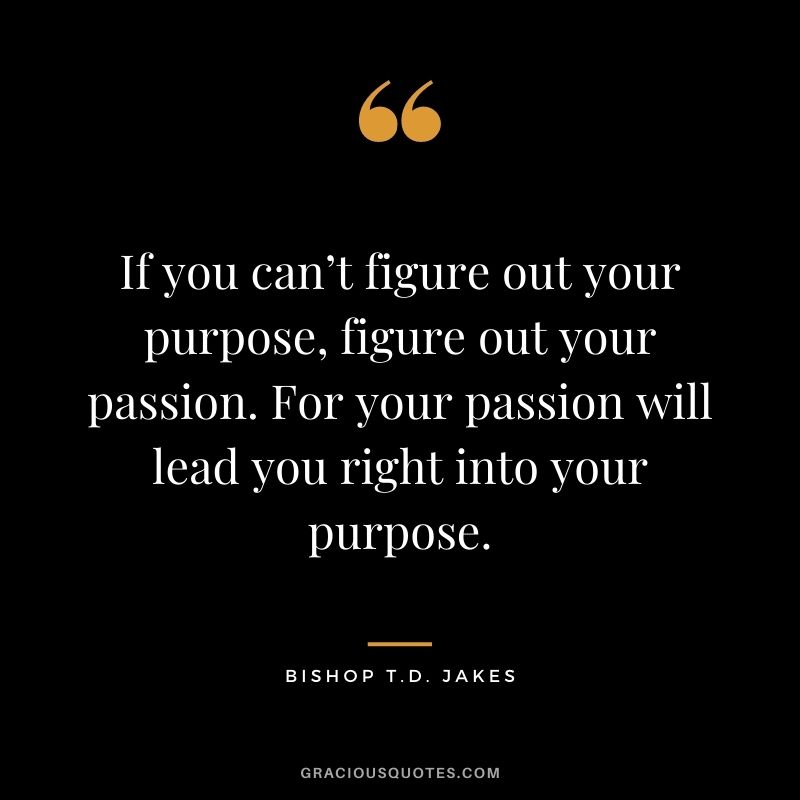 If you can’t figure out your purpose, figure out your passion. For your passion will lead you right into your purpose. - Bishop T.D. Jakes