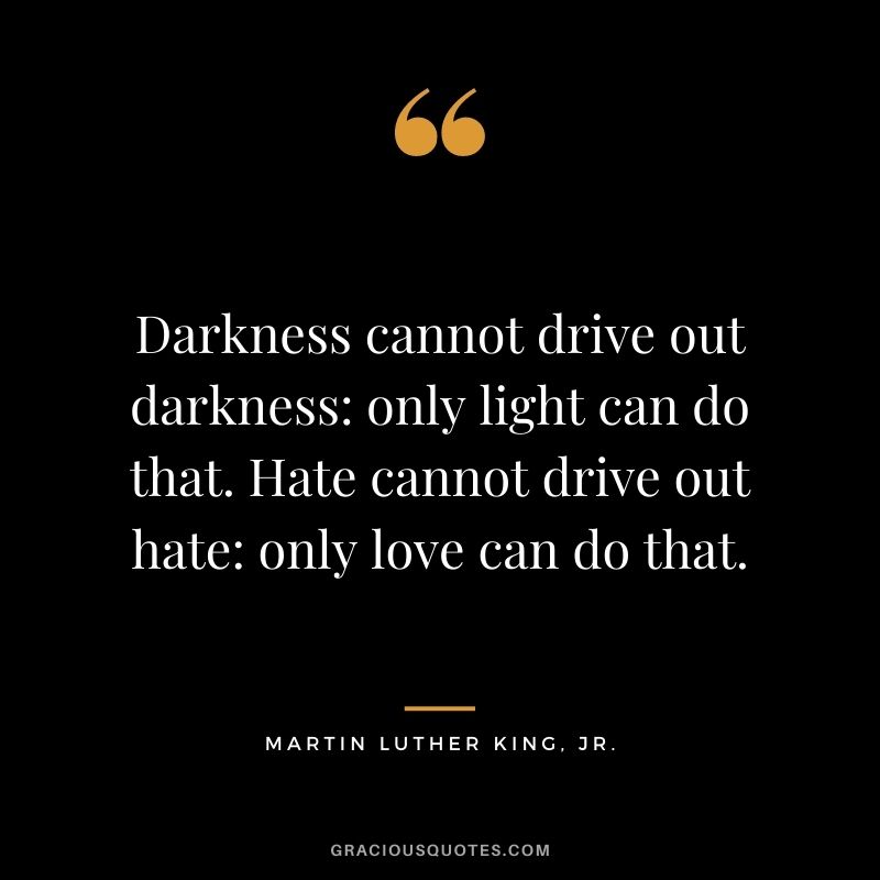 Darkness cannot drive out darkness: only light can do that. Hate cannot drive out hate: only love can do that. - Martin Luther King, Jr.