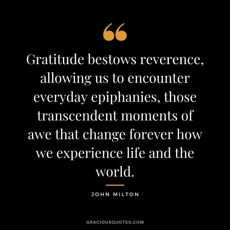 Gratitude bestows reverence, allowing us to encounter everyday epiphanies, those transcendent moments of awe that change forever how we experience life and the world. - John Milton
