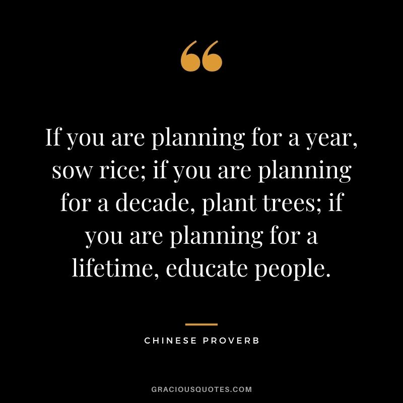 If you are planning for a year, sow rice; if you are planning for a decade, plant trees; if you are planning for a lifetime, educate people. - Chinese Proverb
