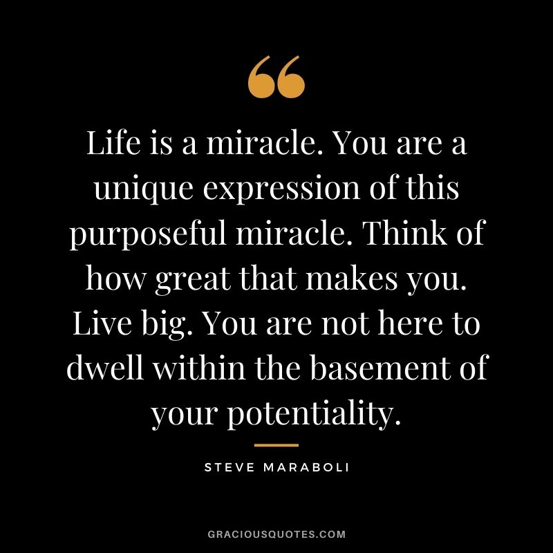 Life is a miracle. You are a unique expression of this purposeful miracle. Think of how great that makes you. Live big. You are not here to dwell within the basement of your potentiality.