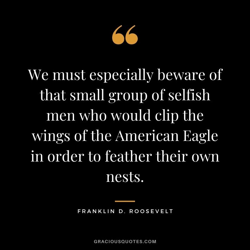 We must especially beware of that small group of selfish men who would clip the wings of the American Eagle in order to feather their own nests.