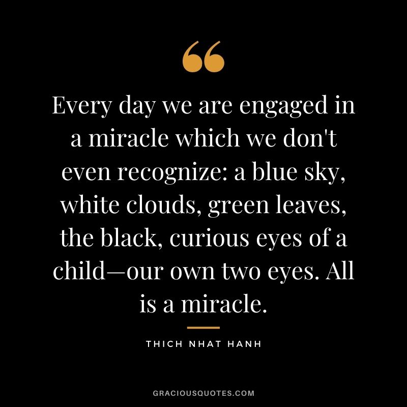 Every day we are engaged in a miracle which we don't even recognize: a blue sky, white clouds, green leaves, the black, curious eyes of a child—our own two eyes. All is a miracle.