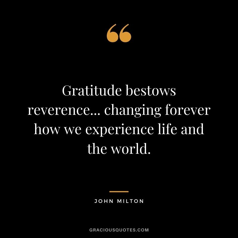 Gratitude bestows reverence... changing forever how we experience life and the world. - John Milton