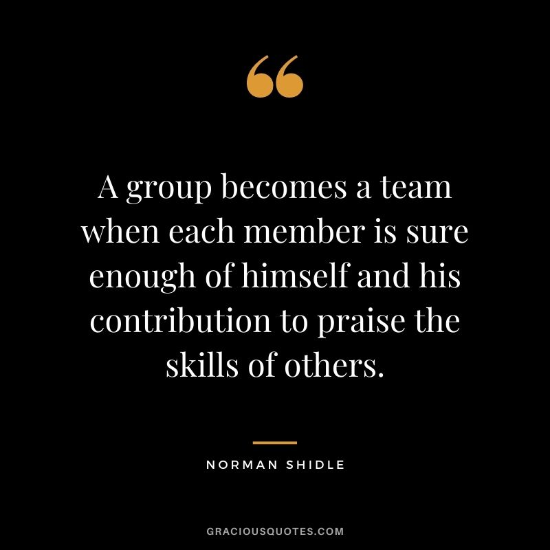 A group becomes a team when each member is sure enough of himself and his contribution to praise the skills of others. – Norman Shidle