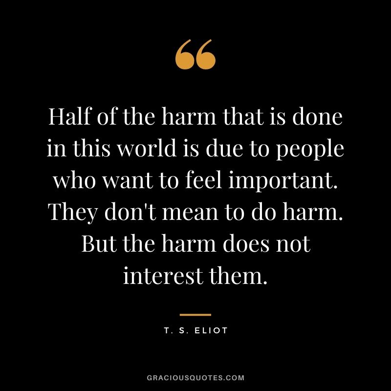 Half of the harm that is done in this world is due to people who want to feel important. They don't mean to do harm. But the harm does not interest them.