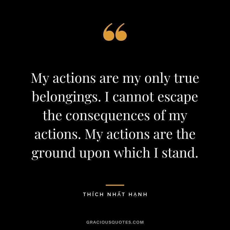 My actions are my only true belongings. I cannot escape the consequences of my actions. My actions are the ground upon which I stand. - Thích Nhất Hạnh