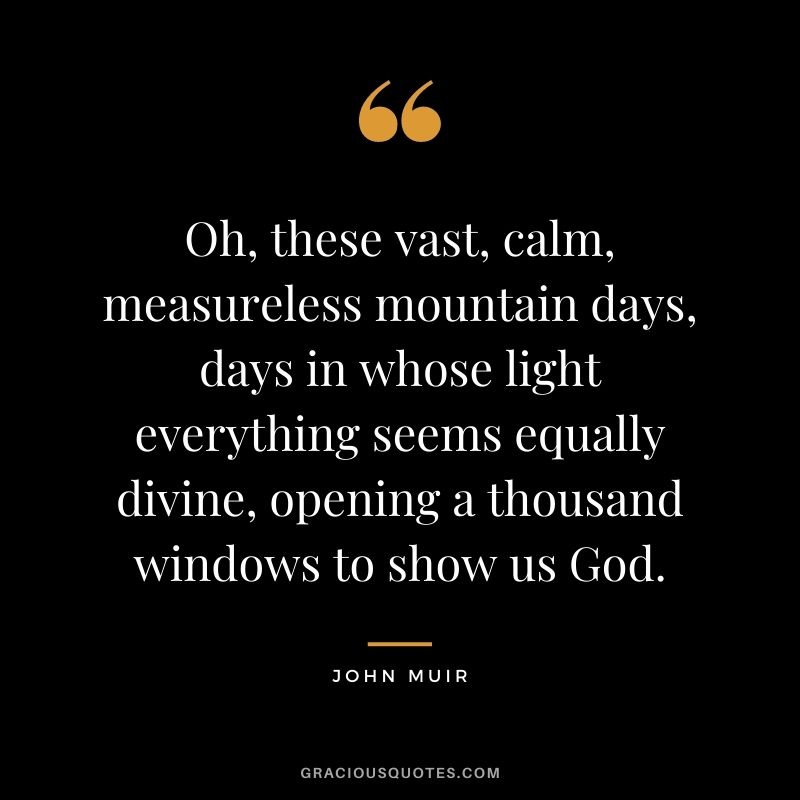 Oh, these vast, calm, measureless mountain days, days in whose light everything seems equally divine, opening a thousand windows to show us God.