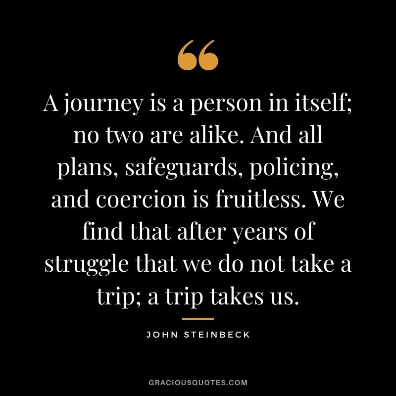 A journey is a person in itself; no two are alike. And all plans, safeguards, policing, and coercion is fruitless. We find that after years of struggle that we do not take a trip; a trip takes us.
