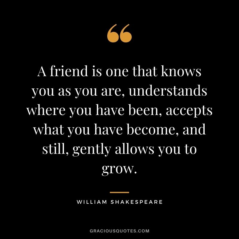 A friend is one that knows you as you are, understands where you have been, accepts what you have become, and still, gently allows you to grow. — William Shakespeare