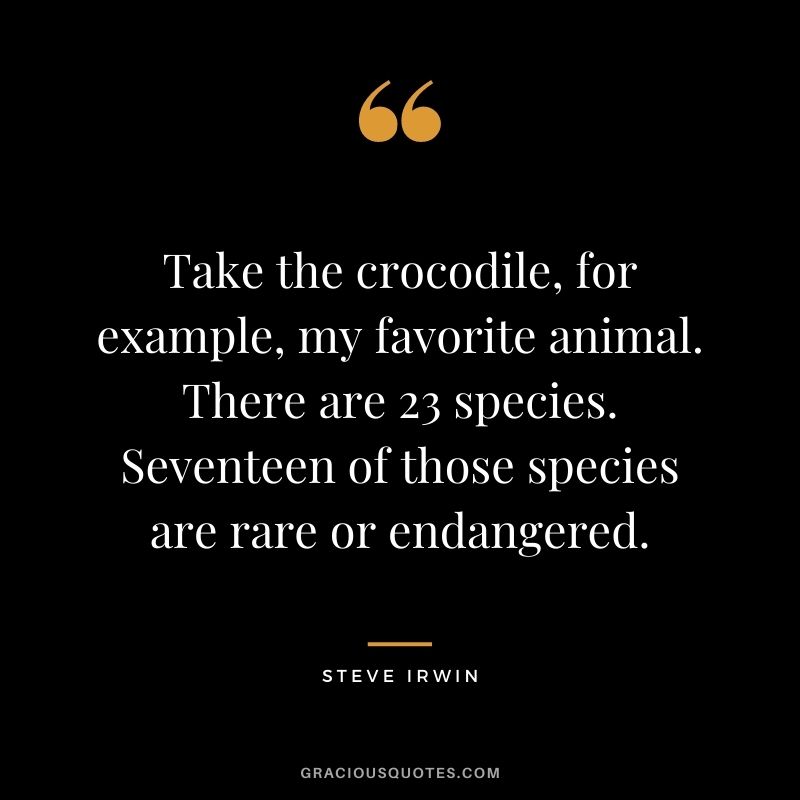 Take the crocodile, for example, my favorite animal. There are 23 species. Seventeen of those species are rare or endangered.