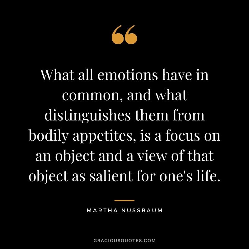 What all emotions have in common, and what distinguishes them from bodily appetites, is a focus on an object and a view of that object as salient for one's life.