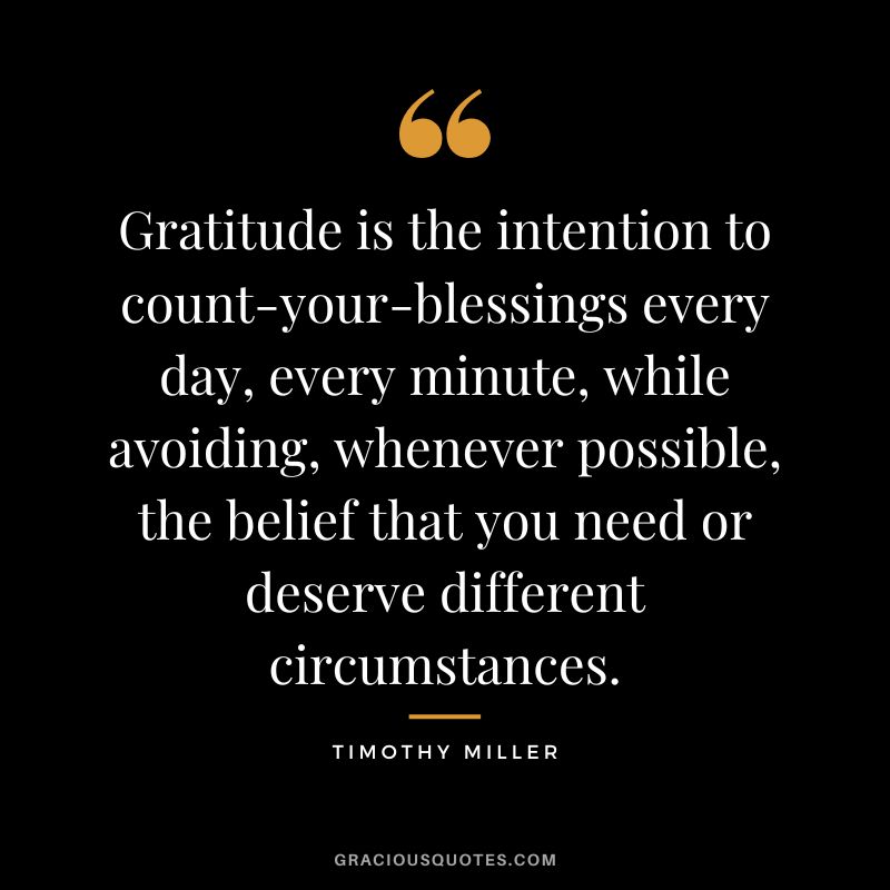Gratitude is the intention to count-your-blessings every day, every minute, while avoiding, whenever possible, the belief that you need or deserve different circumstances. - Timothy Miller