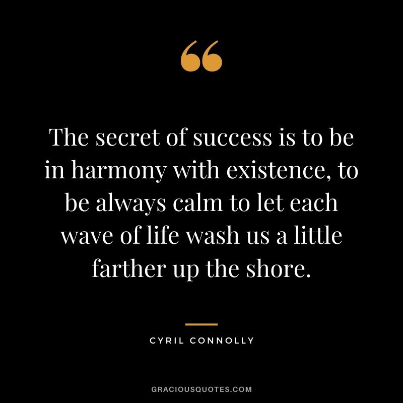 The secret of success is to be in harmony with existence, to be always calm to let each wave of life wash us a little farther up the shore. - Cyril Connolly