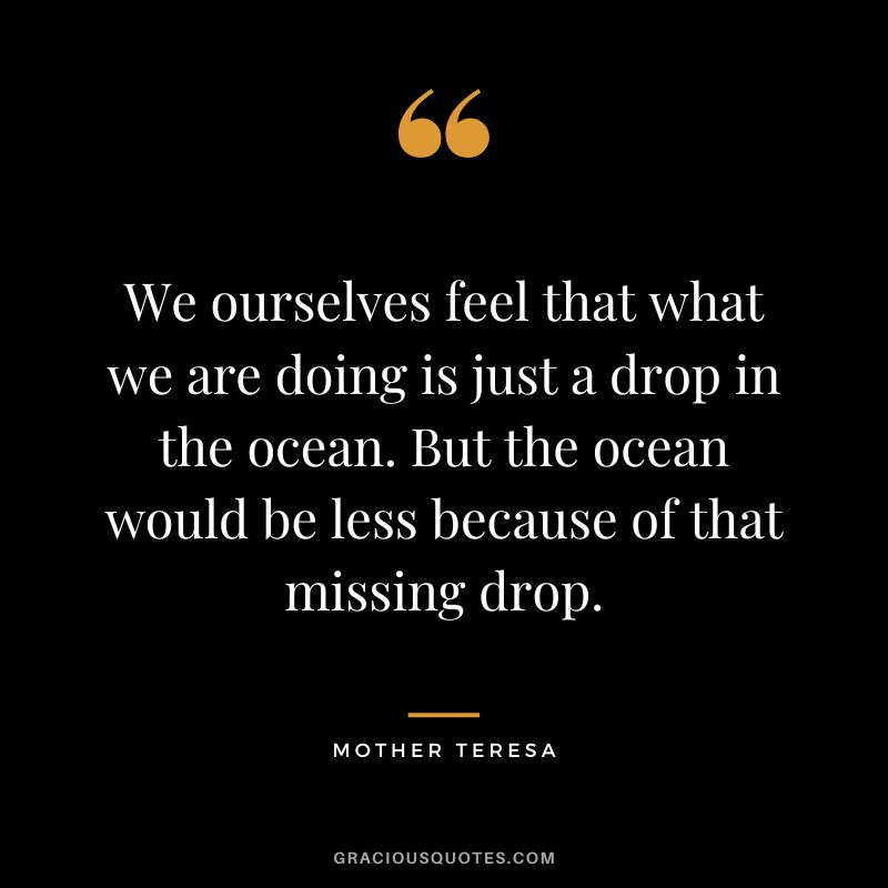 We ourselves feel that what we are doing is just a drop in the ocean. But the ocean would be less because of that missing drop. - Mother Teresa