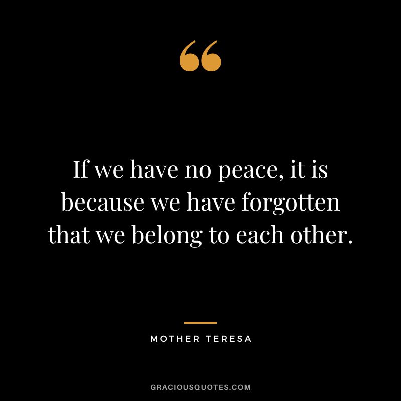 If we have no peace, it is because we have forgotten that we belong to each other. - Mother Teresa