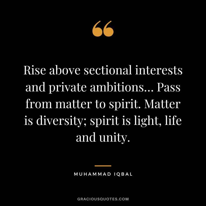 Rise above sectional interests and private ambitions… Pass from matter to spirit. Matter is diversity; spirit is light, life and unity. - Muhammad Iqbal
