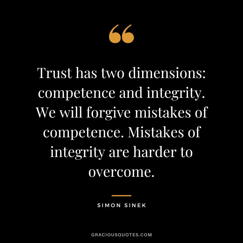 Trust has two dimensions competence and integrity. We will forgive mistakes of competence. Mistakes of integrity are harder to overcome. - Simon Sinek