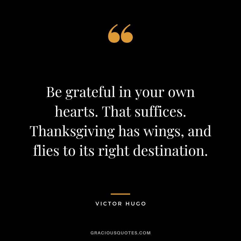 Be grateful in your own hearts. That suffices. Thanksgiving has wings, and flies to its right destination. - Victor Hugo