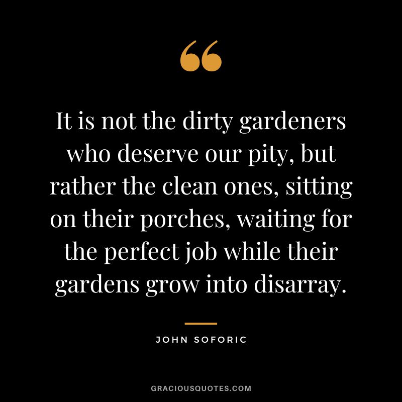 It is not the dirty gardeners who deserve our pity, but rather the clean ones, sitting on their porches, waiting for the perfect job while their gardens grow into disarray. - John Soforic