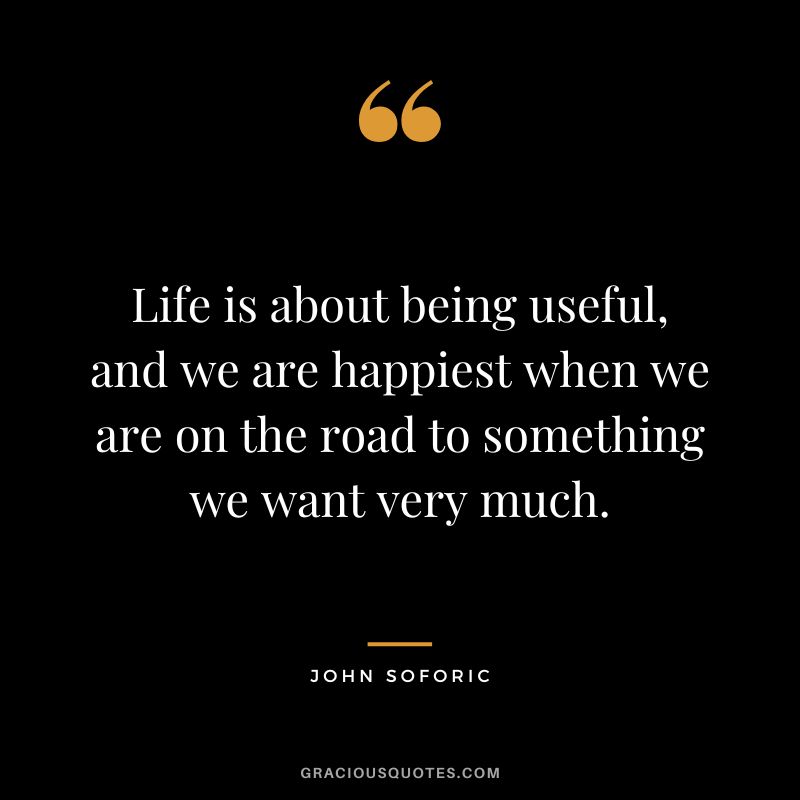 Life is about being useful, and we are happiest when we are on the road to something we want very much. - John Soforic