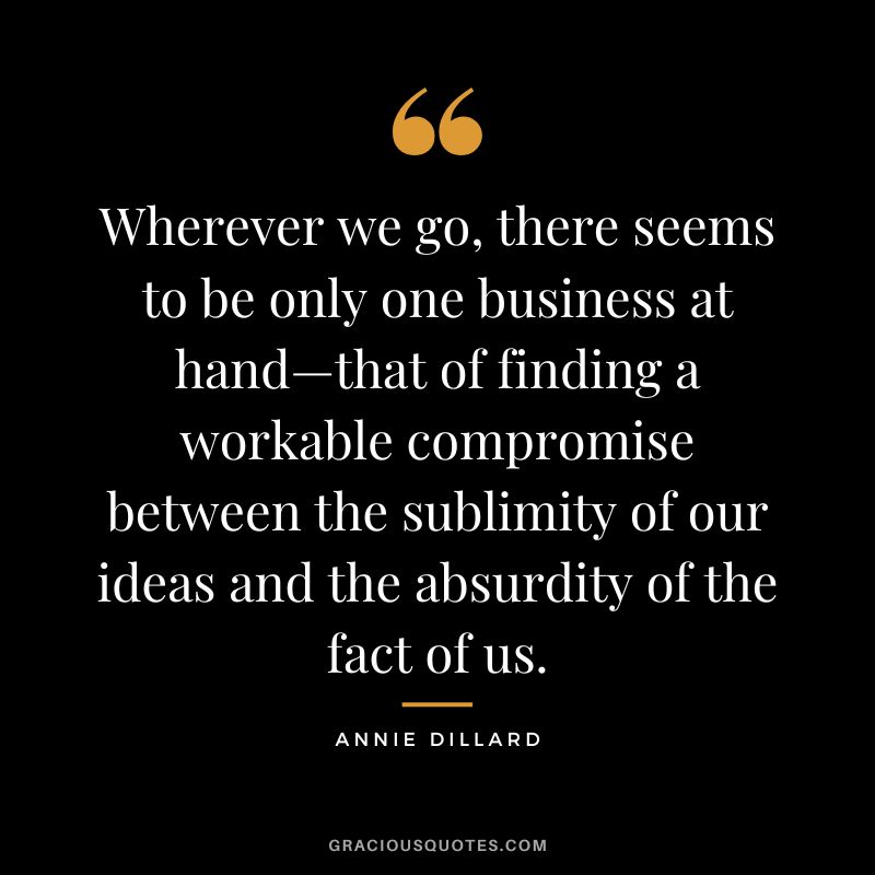 Wherever we go, there seems to be only one business at hand—that of finding a workable compromise between the sublimity of our ideas and the absurdity of the fact of us. - Annie Dillard
