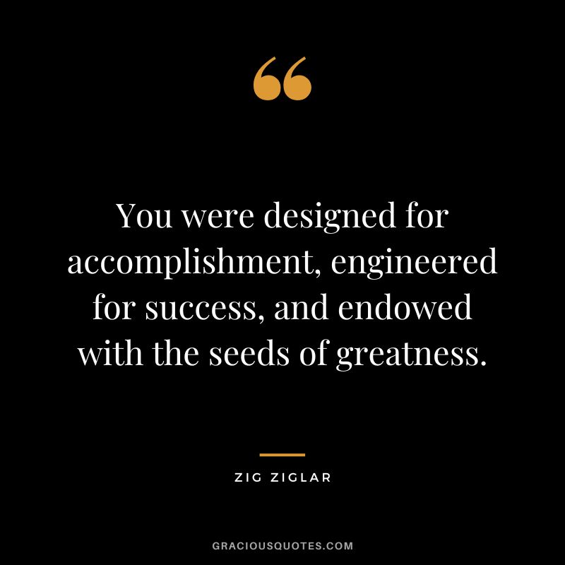 You were designed for accomplishment, engineered for success, and endowed with the seeds of greatness. - Zig Ziglar