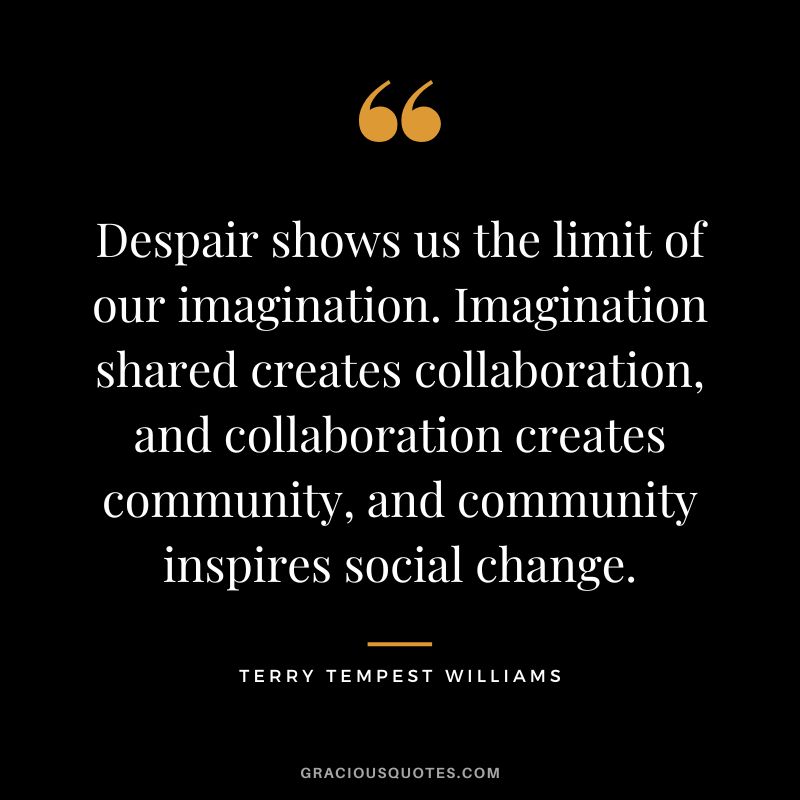 Despair shows us the limit of our imagination. Imagination shared creates collaboration, and collaboration creates community, and community inspires social change. - Terry Tempest Williams