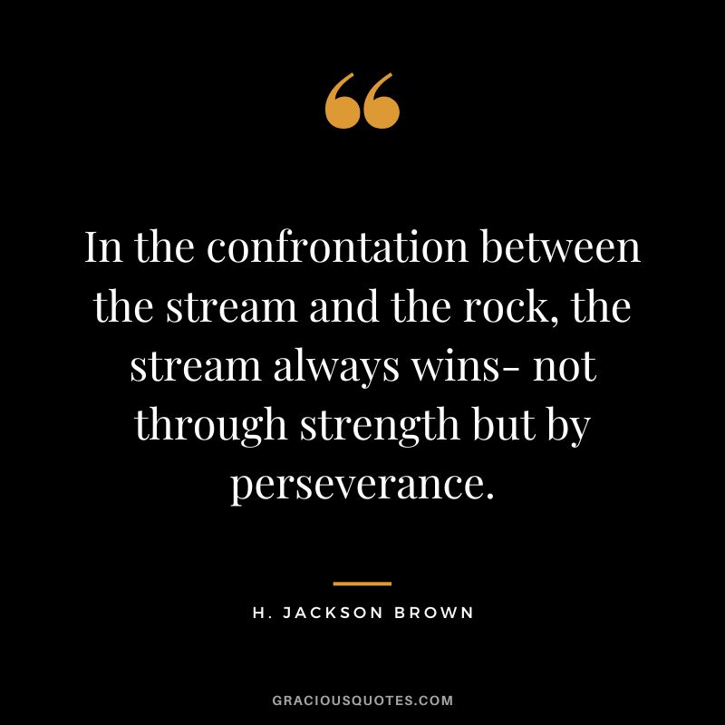 In the confrontation between the stream and the rock, the stream always wins- not through strength but by perseverance. - H. Jackson Brown