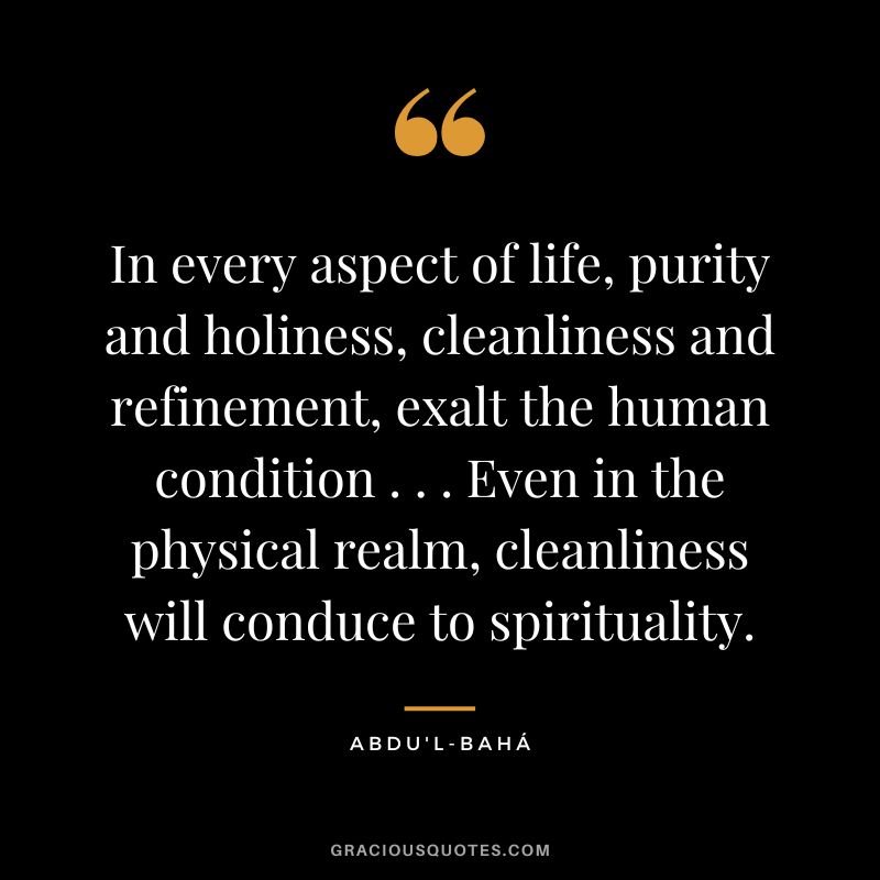 In every aspect of life, purity and holiness, cleanliness and refinement, exalt the human condition . . . Even in the physical realm, cleanliness will conduce to spirituality. - Abdu'l-Bahá