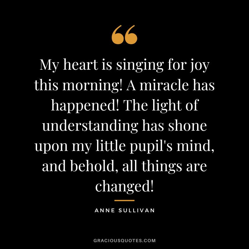 My heart is singing for joy this morning! A miracle has happened! The light of understanding has shone upon my little pupil's mind, and behold, all things are changed! - Anne Sullivan