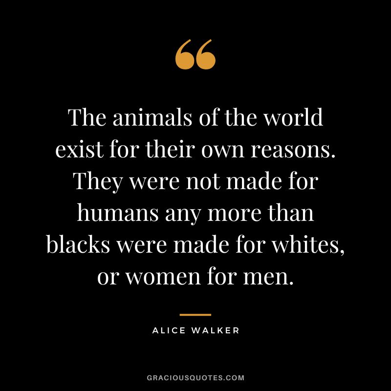 The animals of the world exist for their own reasons. They were not made for humans any more than blacks were made for whites, or women for men. - Alice Walker