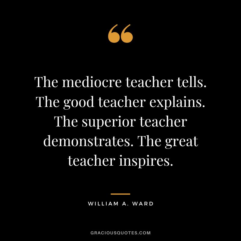The mediocre teacher tells. The good teacher explains. The superior teacher demonstrates. The great teacher inspires. - William A. Ward