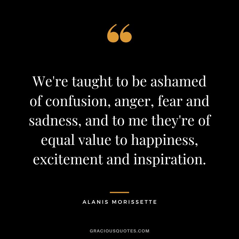 We're taught to be ashamed of confusion, anger, fear and sadness, and to me they're of equal value to happiness, excitement and inspiration. - Alanis Morissette