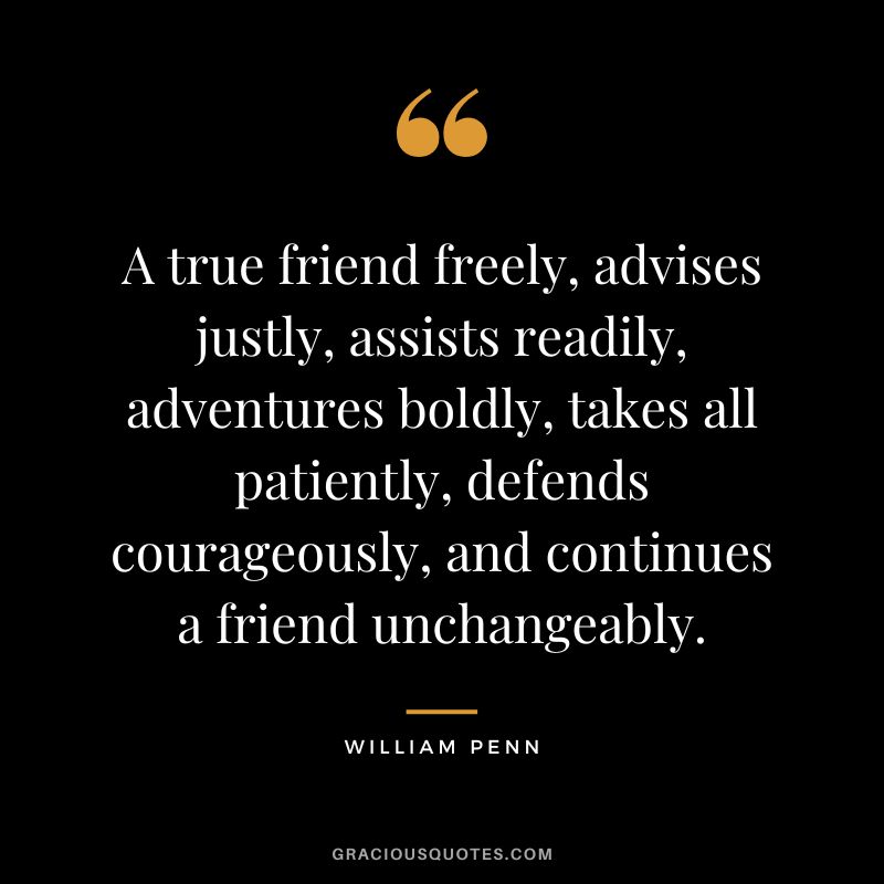 A true friend freely, advises justly, assists readily, adventures boldly, takes all patiently, defends courageously, and continues a friend unchangeably. - William Penn