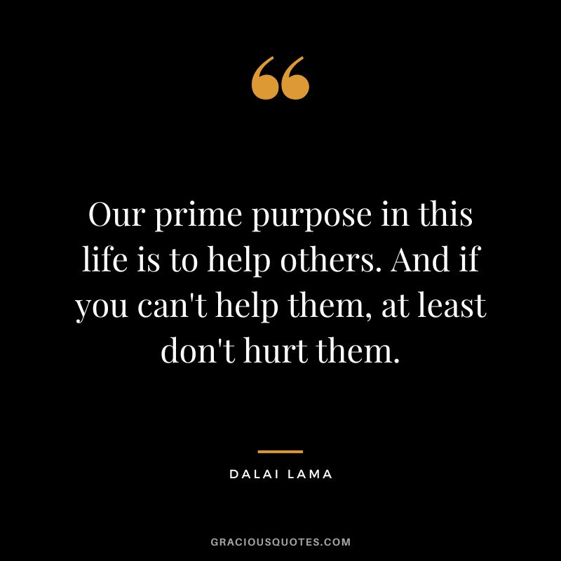 Our prime purpose in this life is to help others. And if you can't help them, at least don't hurt them. - Dalai Lama