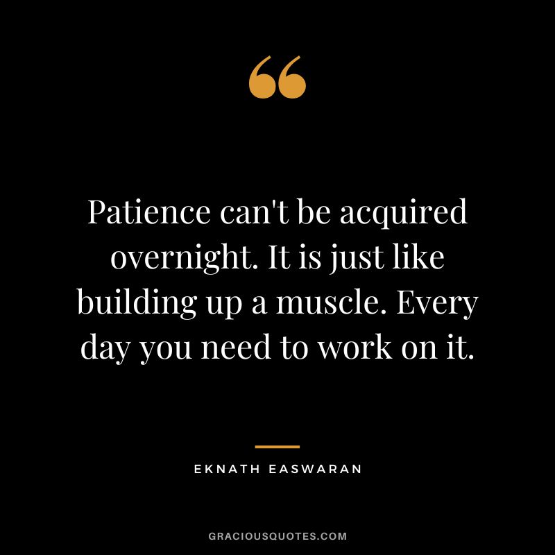 Patience can't be acquired overnight. It is just like building up a muscle. Every day you need to work on it. - Eknath Easwaran