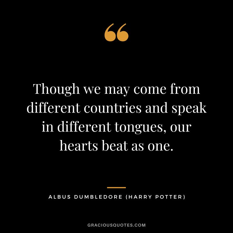 Though we may come from different countries and speak in different tongues, our hearts beat as one. - Albus Dumbledore