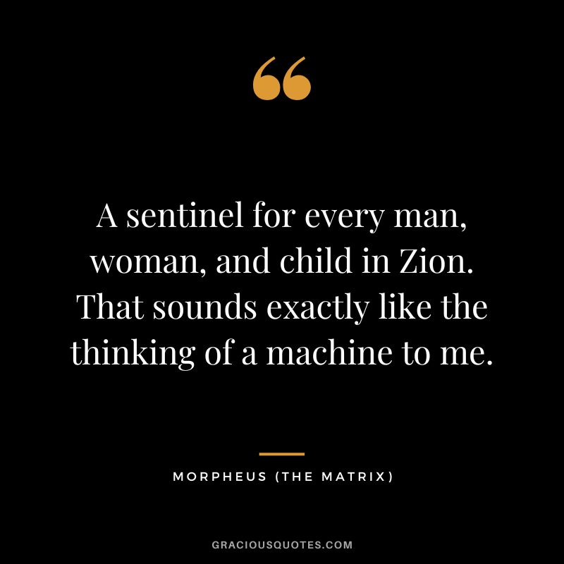 A sentinel for every man, woman, and child in Zion. That sounds exactly like the thinking of a machine to me. - Morpheus