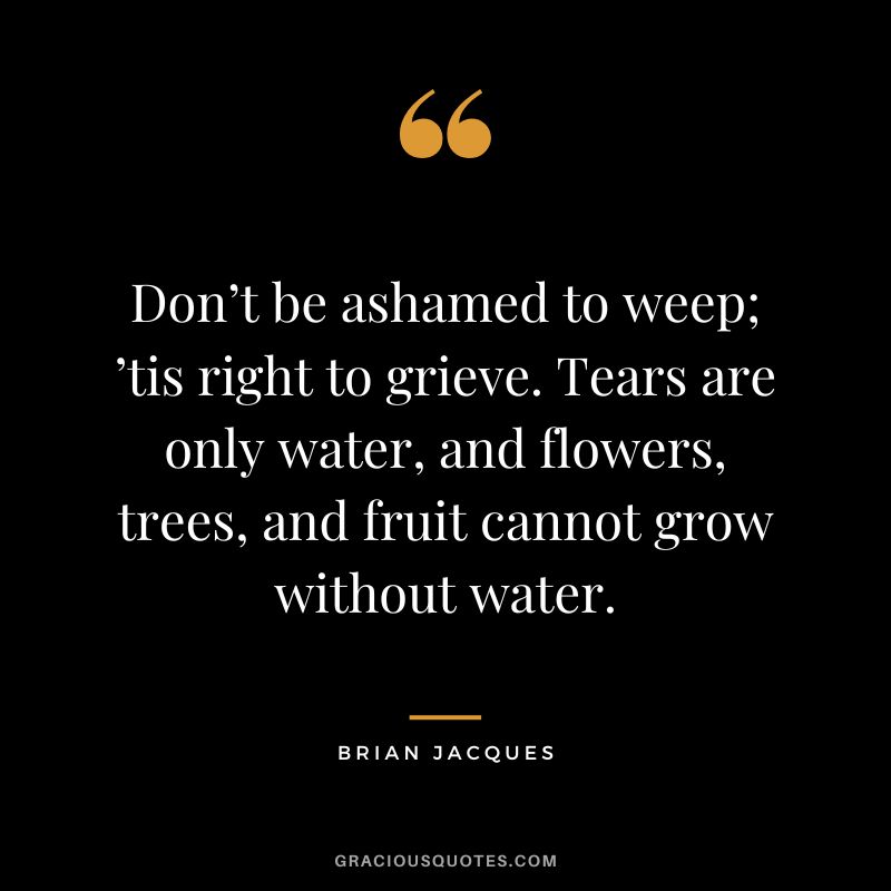 Don’t be ashamed to weep; ’tis right to grieve. Tears are only water, and flowers, trees, and fruit cannot grow without water. - Brian Jacques