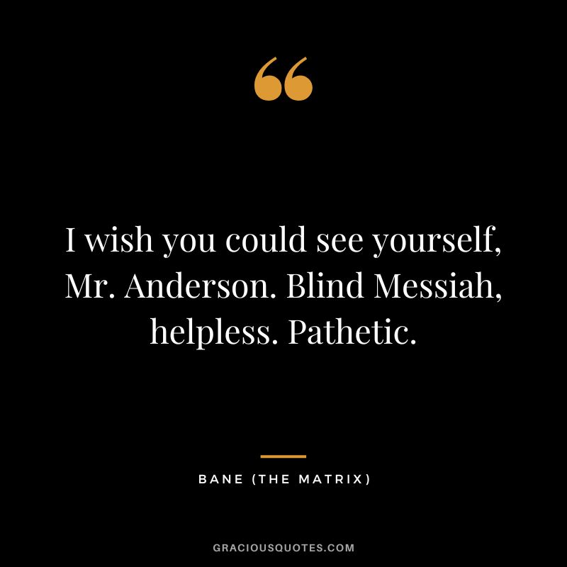 I wish you could see yourself, Mr. Anderson. Blind Messiah, helpless. Pathetic. - Bane